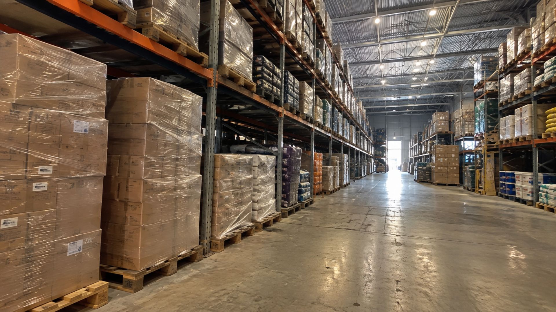 Corredor interno de um galpão logístico moderno com prateleiras industriais altas repletas de caixas de papelão empilhadas em paletes, iluminação artificial intensa vinda do teto metálico, piso de concreto polido refletindo a luz, perspectiva em profundidade até a saída iluminada ao fundo, fotografia realista industrial em tons neutros de cinza e marrom