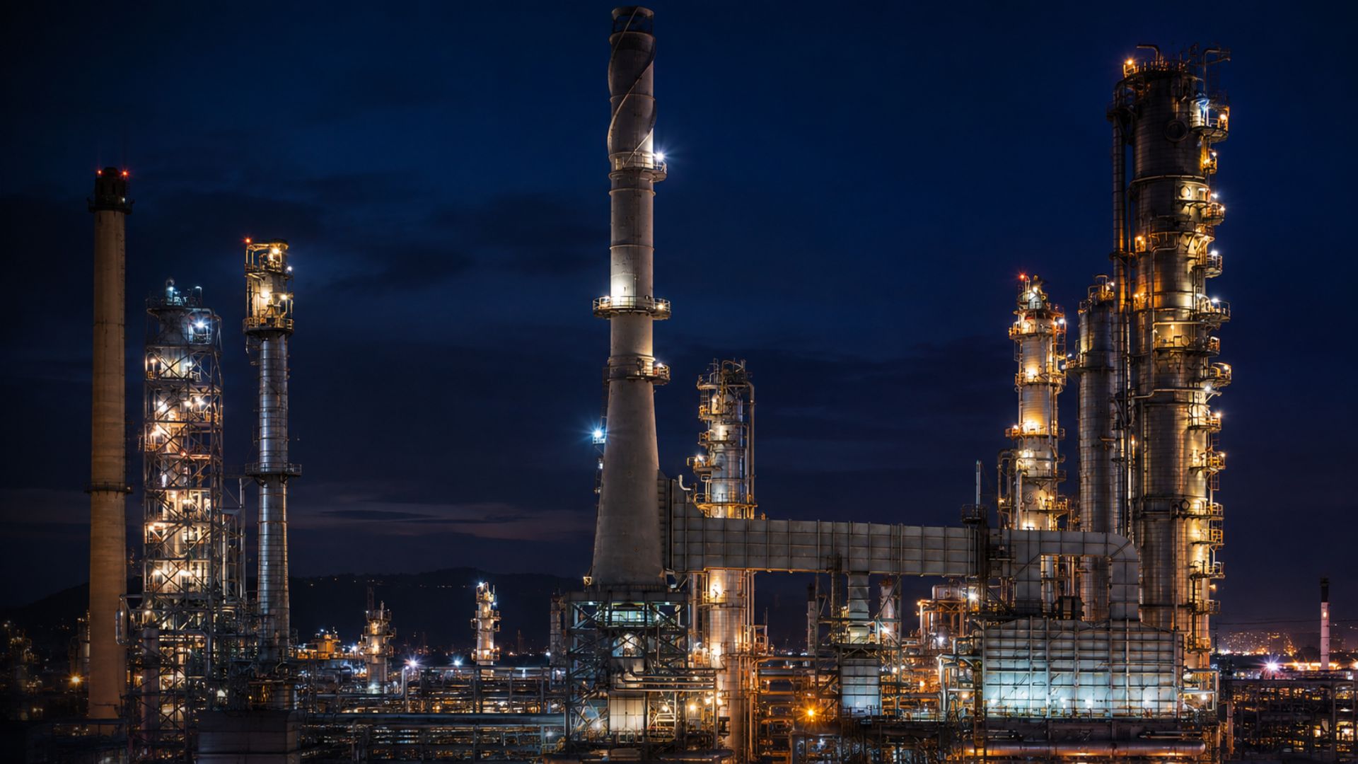 Vista noturna de uma refinaria industrial com torres metálicas e chaminés iluminadas em tons dourados sobre céu azul profundo, estrutura de tubulações e escadarias, fotografia realista industrial